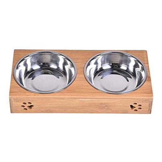 Double Pet Dog Bowl Stainless Steel Pet Bowl Bamboo Bottom Food Water Dual-use Pet Bowl