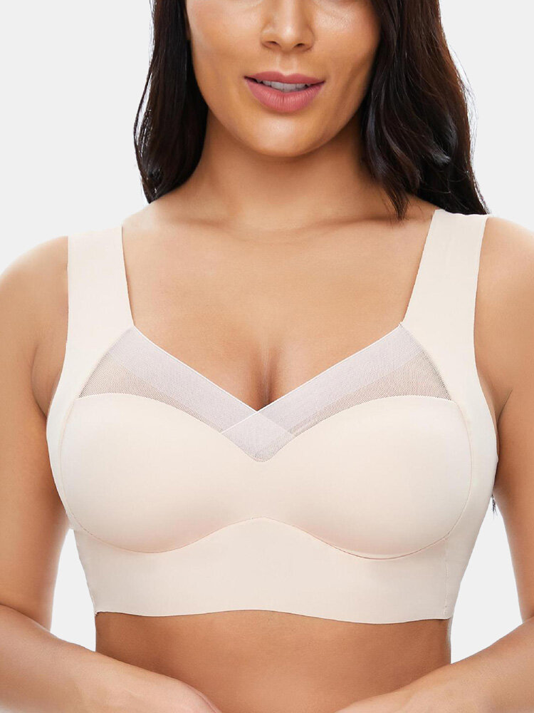 Women Seamless Mesh Plus Size Stitching Classic Lightly Lined Wide Straps Bra