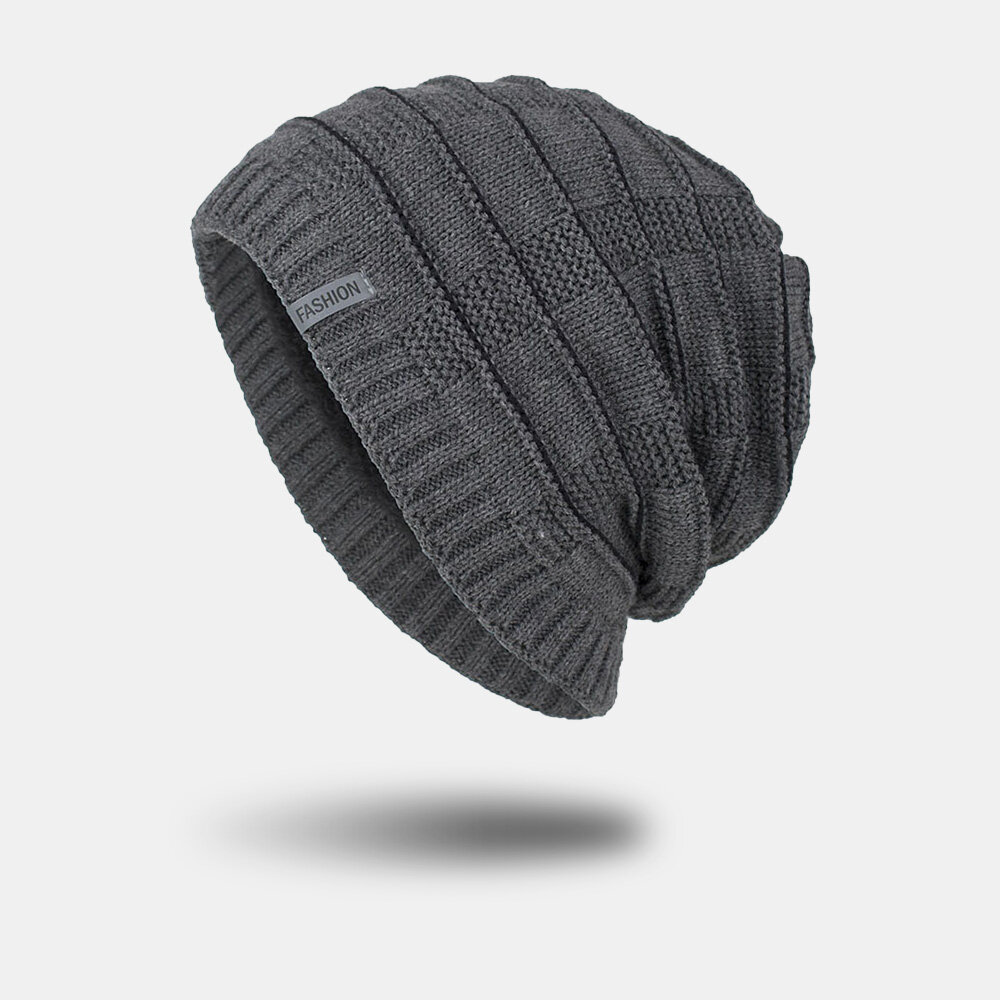 Unisex Acrylic Geometry Plaid Pattern Elastic Knitted Hat Outdoor Plus Velvet Warm Adjustable Beanie