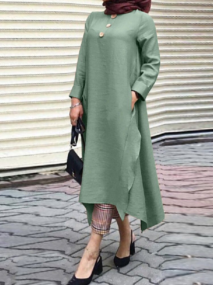 Solid Color Button Decoration Irregular Hem Casual Muslim?Maxi Dress with Side Pockets