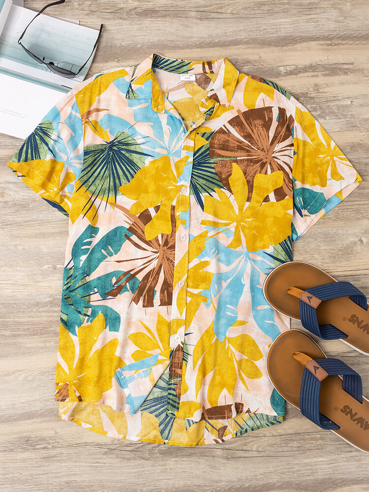 

Men Color Block Leaves Print Turn Down Collar Hawaii Beach Casual Short Sleeve Shirts