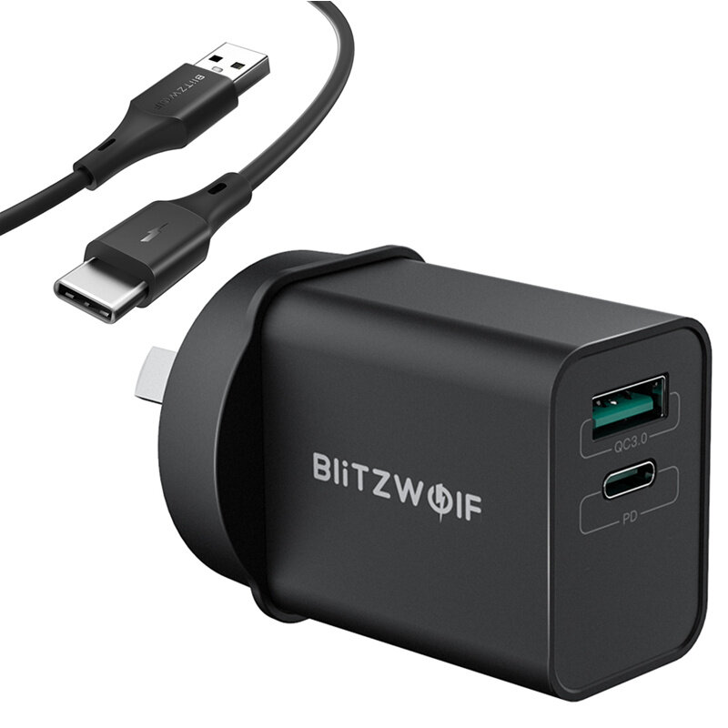 

BlitzWolf® BW-S14 18W Type-C PD3.0 AU Charger + BW-TC14 3A USB Type-C Black Cable for iPhone 12/11 Pro XR Huawei P30 for