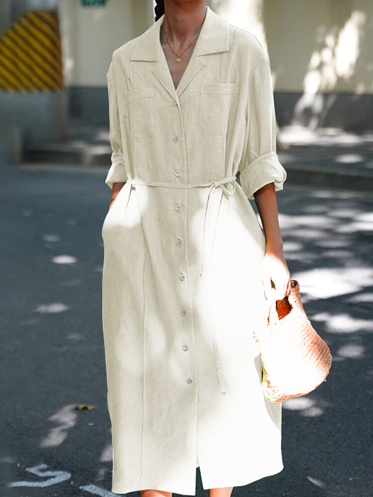 Women 100% Cotton Loose Solid Color Buttons Cuban Collar Calf Length Midi Dresses