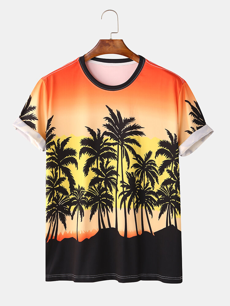 

Jay Chou Mojito Same Style Gradient Color Coconut Tree Print Crew Neck Short Sleeve Hawaii Beach T-Shirts