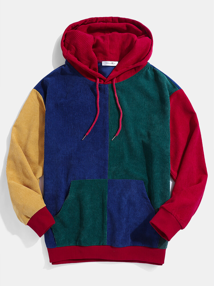 Heren retro colour block patchwork corduroy hoodies met trekkoord