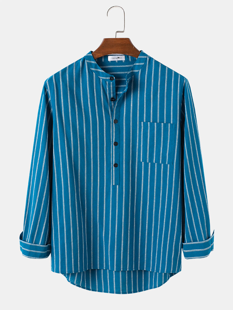

Мужские повседневные рубашки Henley с длинным рукавом в полоску из 100% хлопка с высоким и низким качеством