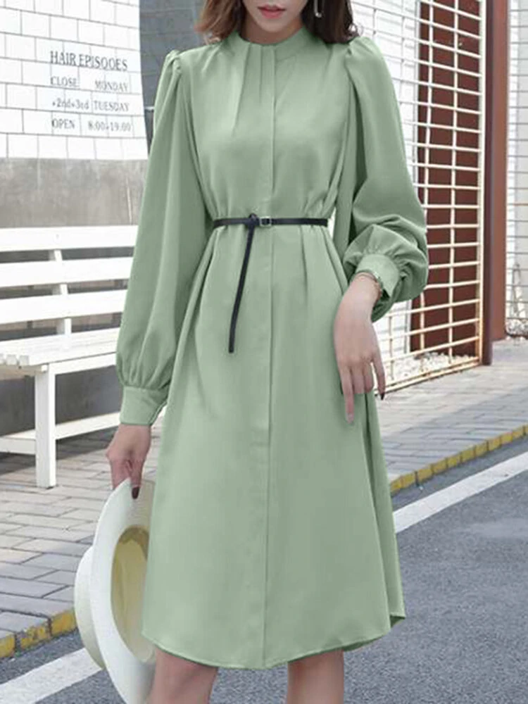 Solid color long sleeve o-neck puff dress