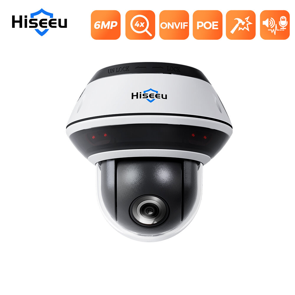 

Hiseeu PoE Camera 6MP 4X Optical Zoom Vandal-proof 360° PTZ Night Vision Motion Detection Two-way audio Outdoor IP66 CCT