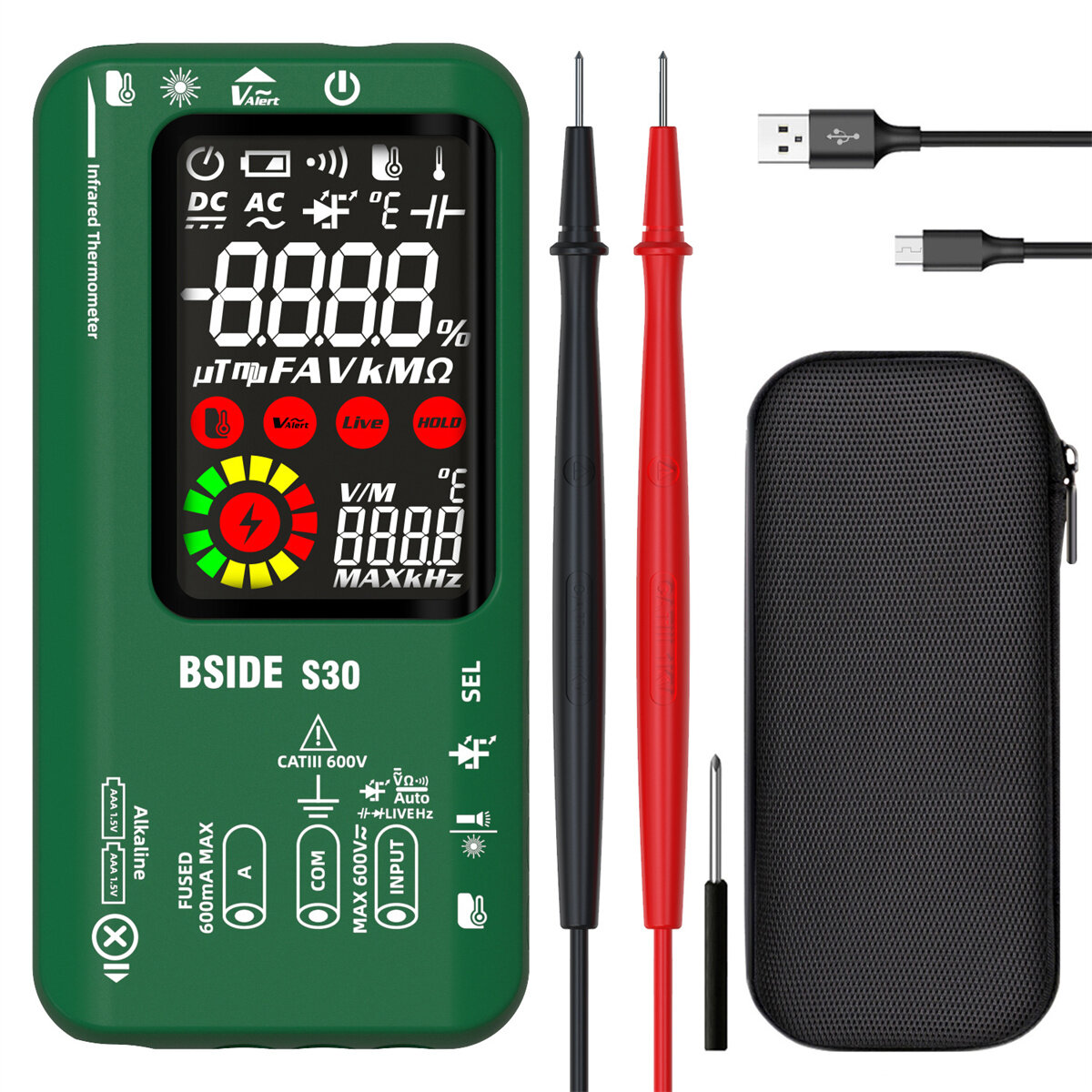 Multímetro Inteligente BSIDE S30 com Medição de Temperatura por Infravermelho Tela Colorida Alta Precisão Medição de Ten