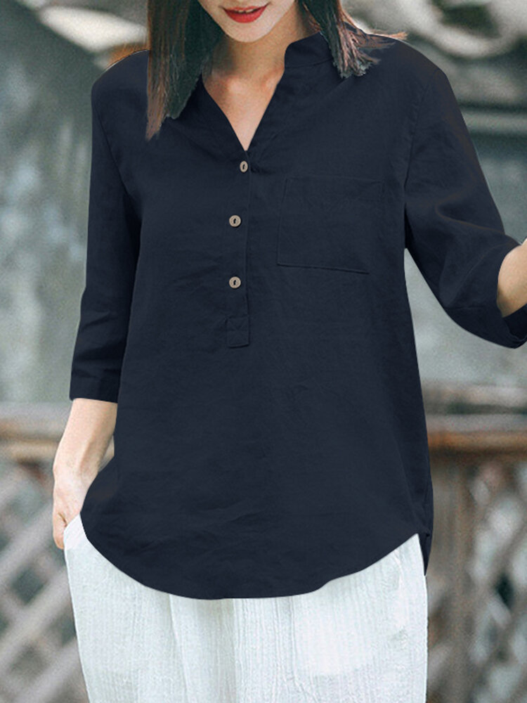 Solid Button Pocket V Neck Casual Cotton Blouse