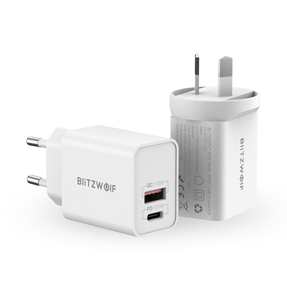 BlitzWolf® BW-S20 20W 2-Port PD3.0 QC3.0 Wall Charger Support FCP AFC Fast Charging EU AU Plug Adapter for iPhone 13 13 Mini 13 Pro Max for Samsung Galaxy Note S20 ultra Huawei Mate 40 Xiaomi Mi 10