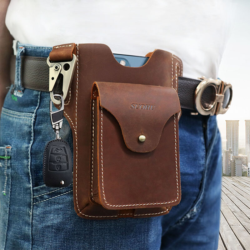 Men Genuine Leather Multifunction Keychain Sport Waist Bag Retro 6.5 Inch Phone Bag Waterproof Belt Bag