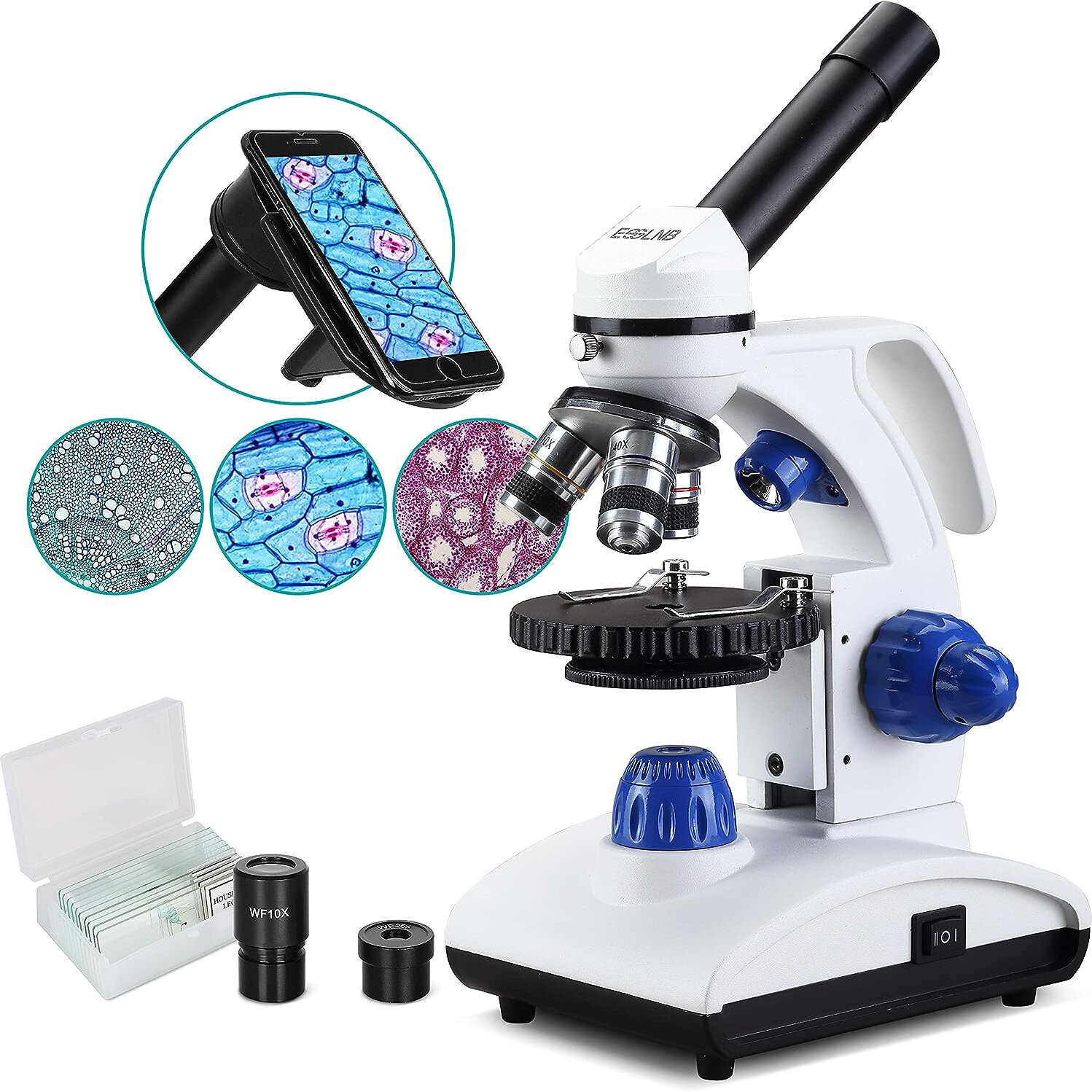 [EU Direct] Erro na tradução ES1045 Microscópio 1000X Microscópio de estudante para crianças Microscópio biológico de luz LED com lâminas e adaptador de telefone Lentes de vidro óptico em metal.
