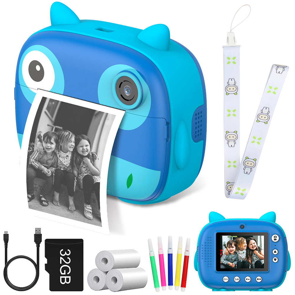 V17 Blue Owl Kids Camera Instant Print Camera for Boy's Birthday Gift Digital Photo Instant Print Thermal Girl's Toy Chi