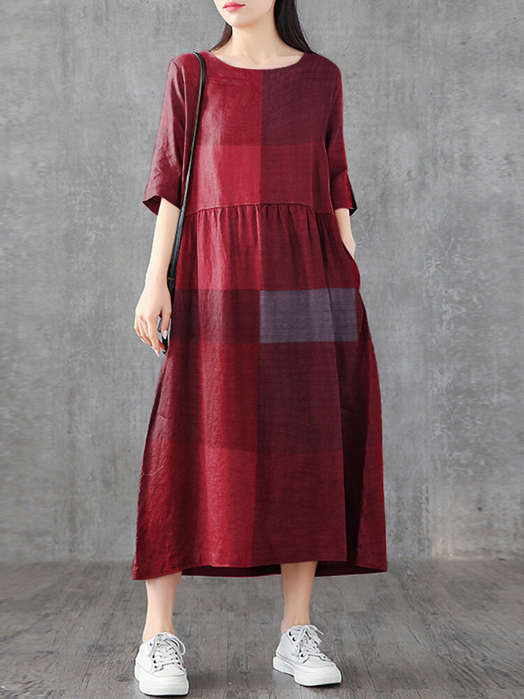 Women Plaid Print Round Neck Half Sleeve Casual Maxi Dresses With Pocket