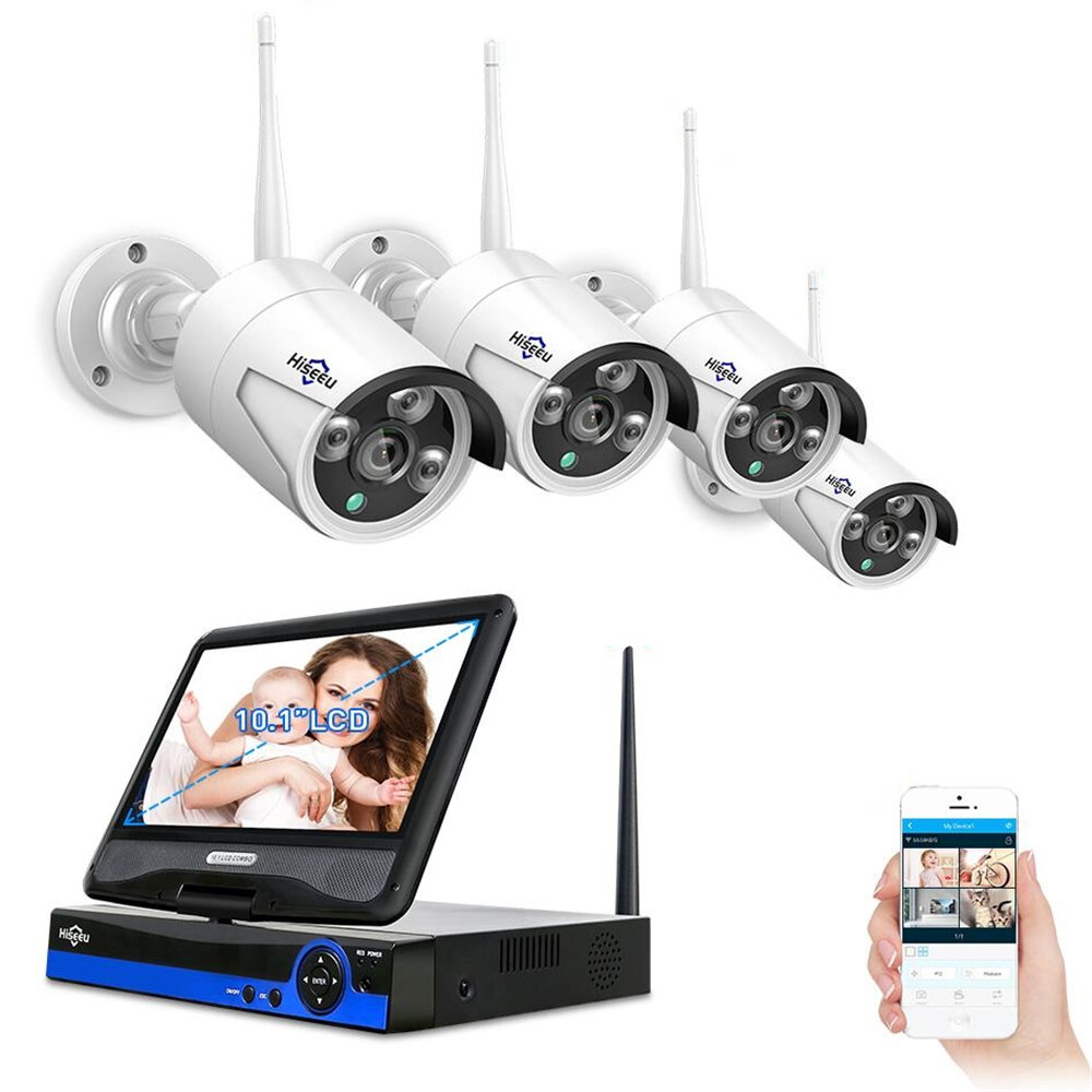 Hiseeu 10 inch Display 4pcs 1080P Wireless CCTV IP Camera System 8CH NVR WiFi Video Surveillance Home Security System Kit