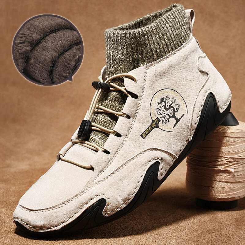 55% OFF on Men Handmade Slip Resistant Soft Warm Plush Lining Sock Ankle Boots