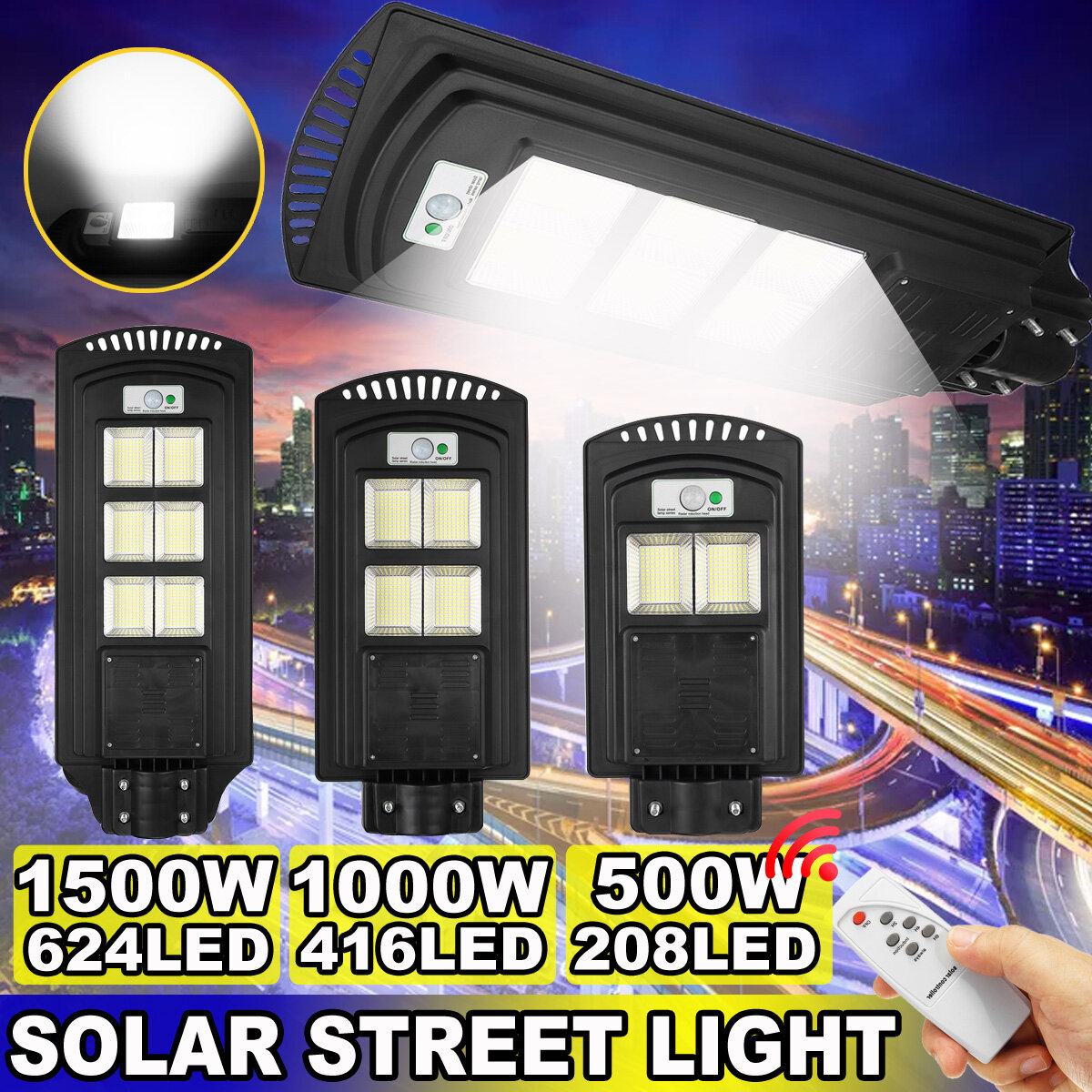 500-2500W 208-624 LED-straatlantaarn op zonne-energie PIR Wandlamp met bewegingssensor met afstandsb