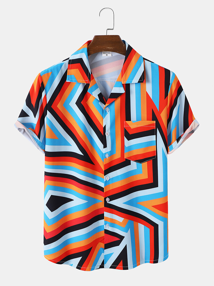 Men Star & Abstract Graphic Chest Pocket Graceful Short Sleeve Shirts