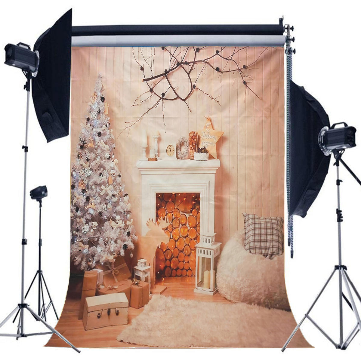 5x7ft Christmas Fireplace Christmas Tree Branch Wood Blanket Photography Backdrop Studio Prop Background