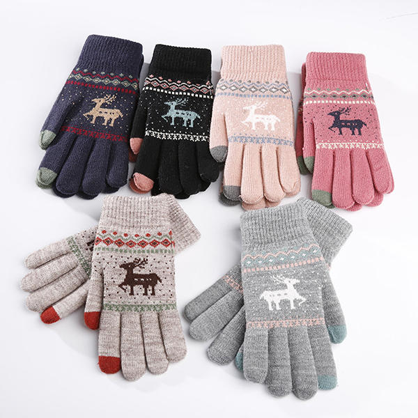 Women Girls Winter Crochet Knitted Warm GlovesTouch Screen Cute Deer Printing Mittens