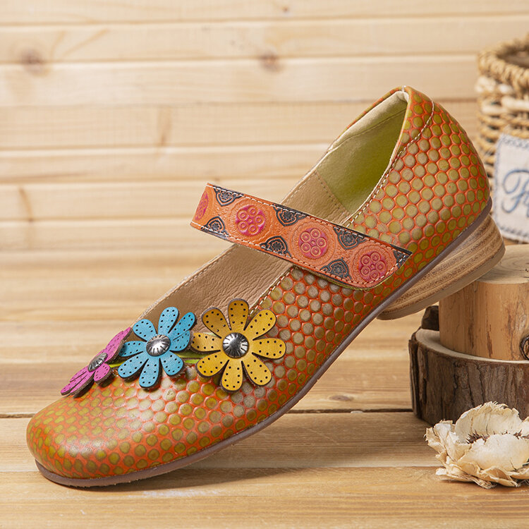 

SOCOFY Цветочный декор из воловьей кожи с принтом в стиле ретро, удобная повседневная обувь на плоской подошве с ремешко