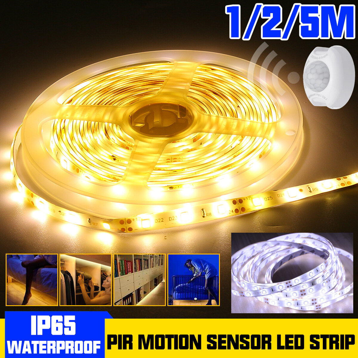 

1M 2M 5M Waterproof LED Strip Light 2835 SMD PIR Motion Sensor Dimmable Closet Lamp for Cabinet Wardrobe DC12V