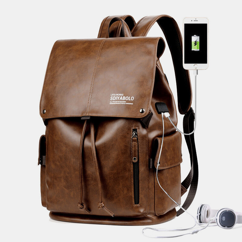 Men Faux Leather Large Capacity Waterproof 13.3 Inch Laptop Bag Travel Bag Backpack With USB Charging