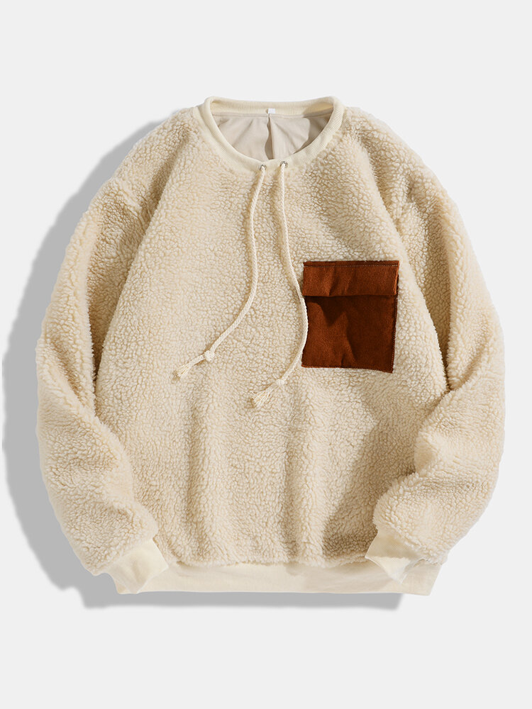

Men Teddy Plush Patch Pocket Contrast Crew Neck Warm Drawstring Casual Pullover Sweatshirt