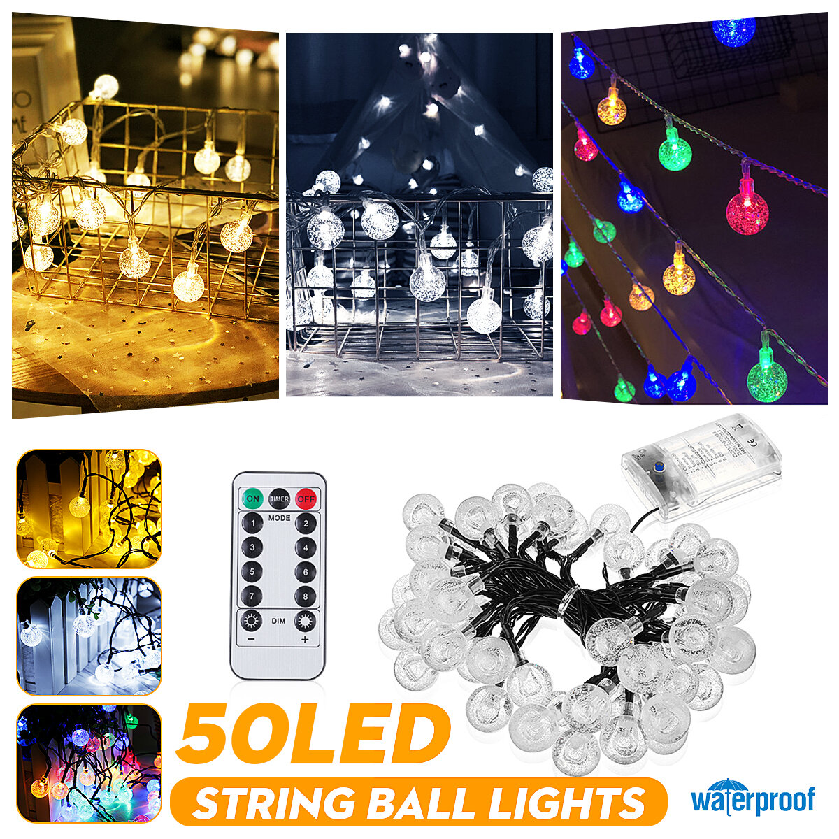 Outdoor 9.5 M 50 LEDs String Ball Light Afstandsbediening 8 Modi Waterdicht Tuinfeest Bruiloft Kerst