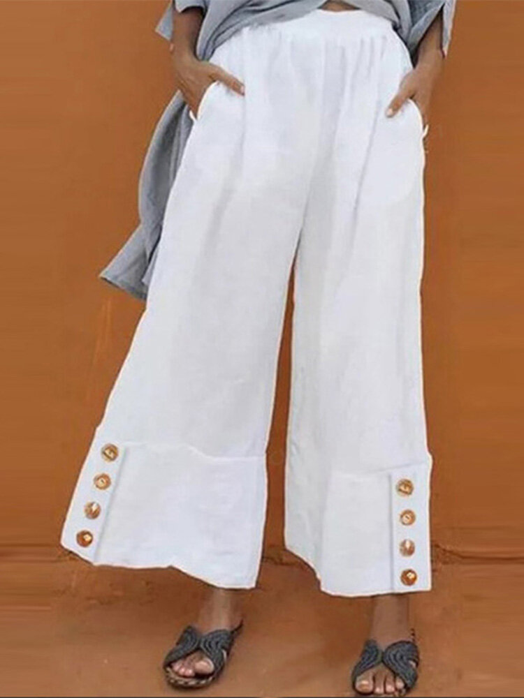 Casual effen hoge elastische taille-knop Wijde pijpen broek voor dames