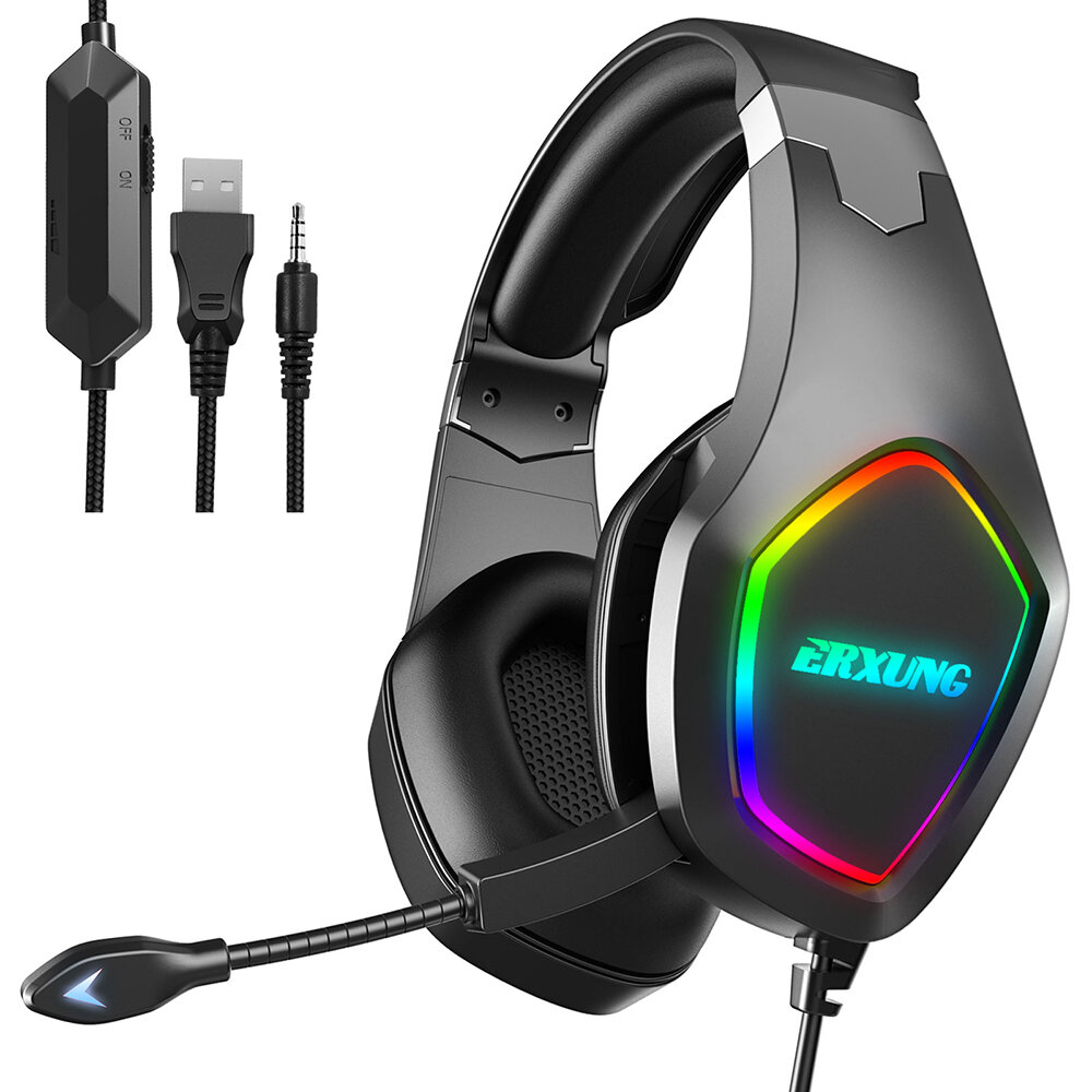 

ERXUNG J20 Gaming Headset 50mm Driver Unit 3D Stereo Sound RGB Light Noise Reduction Mic 3.5mm USB Port for PS4 PC Xbox