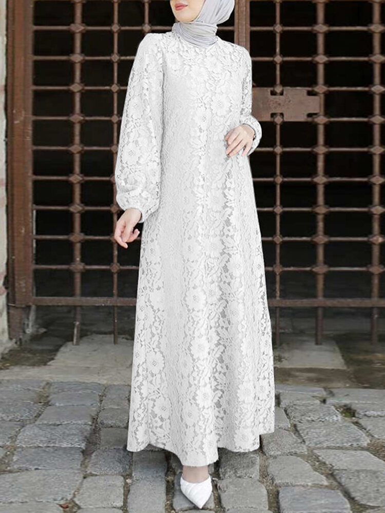 Women 100% Cotton Abaya Kaftan Lace Patchwork Casual Wedding Midi Dress