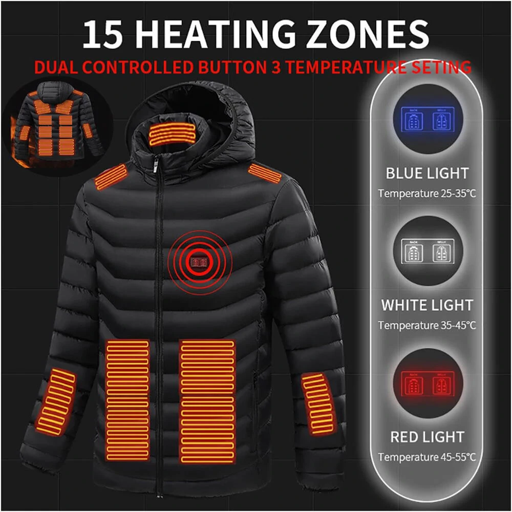 TENGOO HJ-15 Heated Jacket 15 Heating Zones USB Charging Thermal Warm Jacket Motorcycle Men's Heated Hooded Coat Outdoor Sportswear