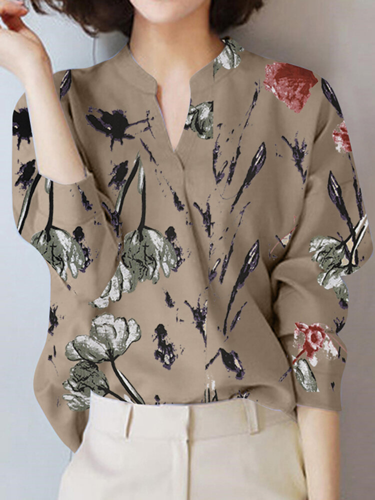 Plants Print Long Sleeve Stand Collar Blouse For Women