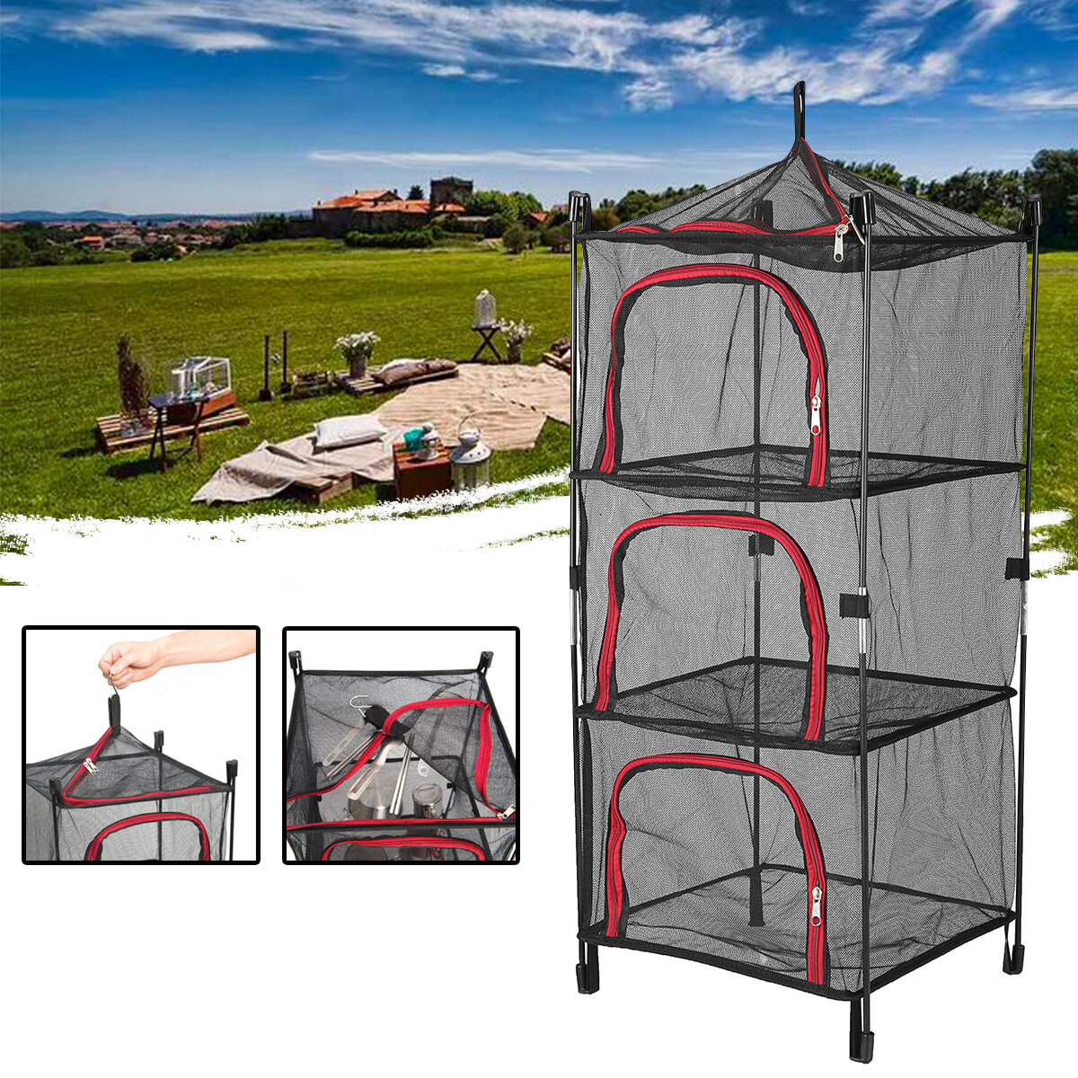 Campingdroognet met 4 lagen opvouwbaar, hangend, gaasplank om serviesgoed te drogen, mand voor het opbergen van voedsel voor BBQ-tafelgerei en groenten