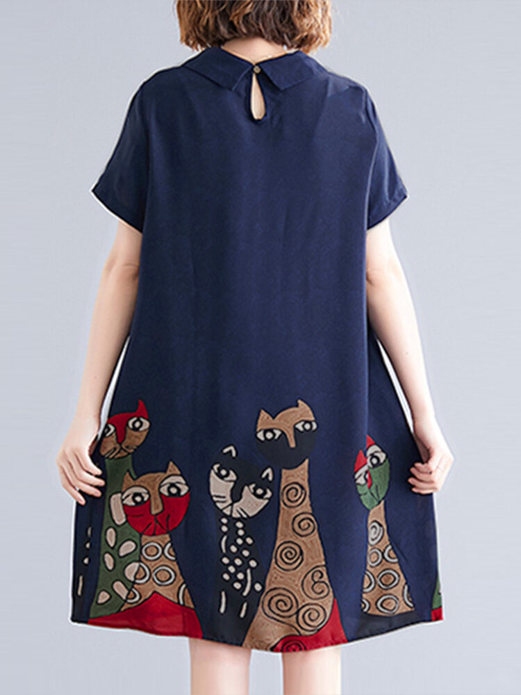 Short Sleeve Lapel Loose Back Button Animal Printed Dress For Women