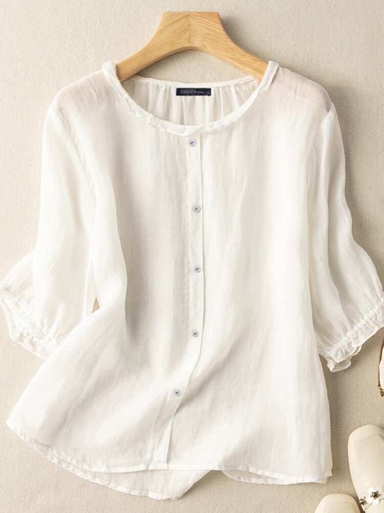 Lettuce Edge Crew Neck Solid Button 3/4 Sleeve Blouse