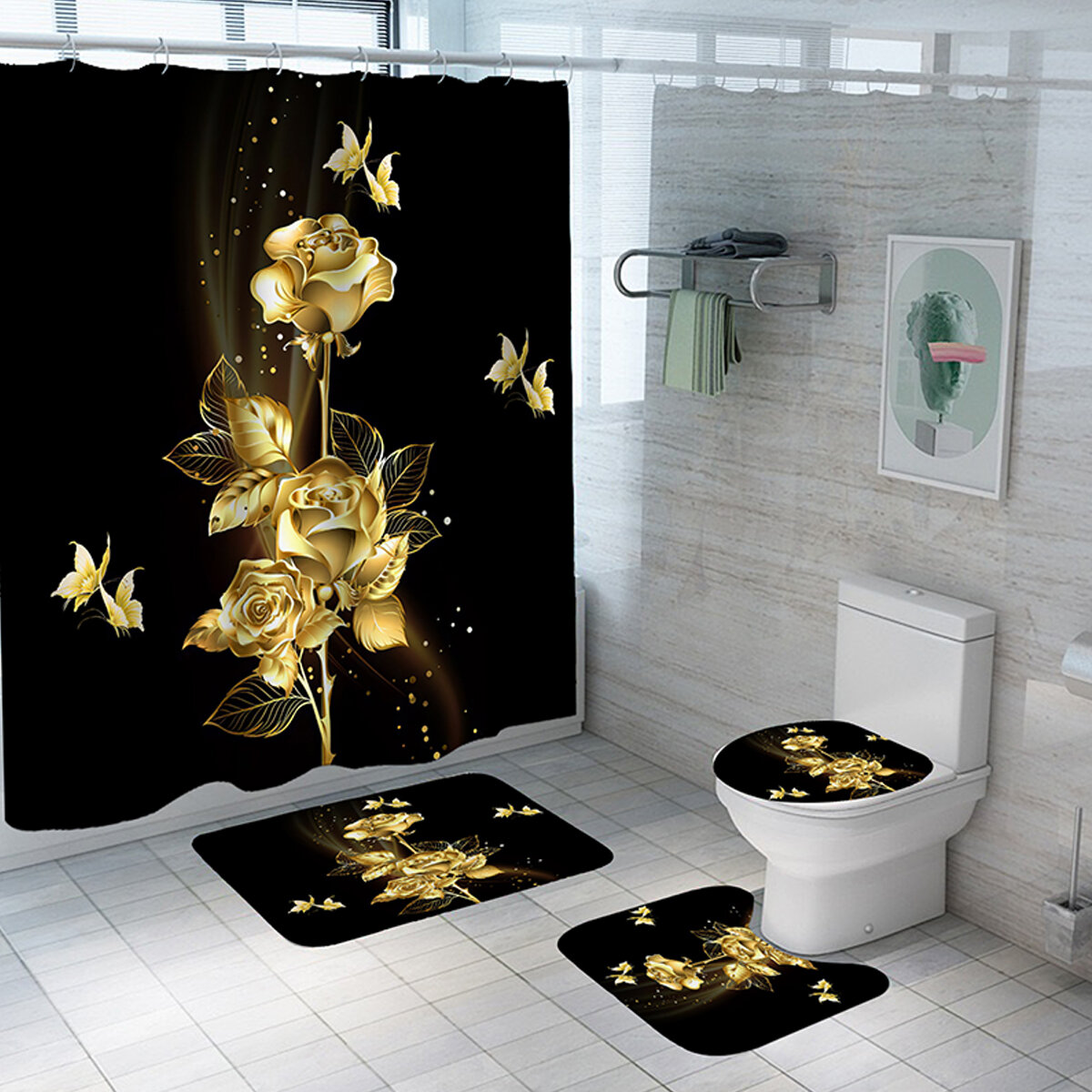 1/3/4PCS Gold Rose Butterfly Waterproof Shower Curtain Non-toxic Dustproof Toilet Seat Cushion Set