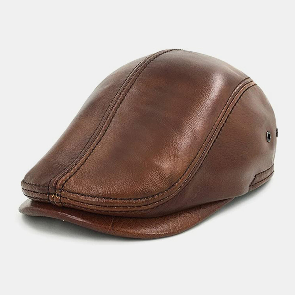 

Banggood Design Men Genuine Leather Retro Casual Solid Color Leather Forward Hat Beret Hat