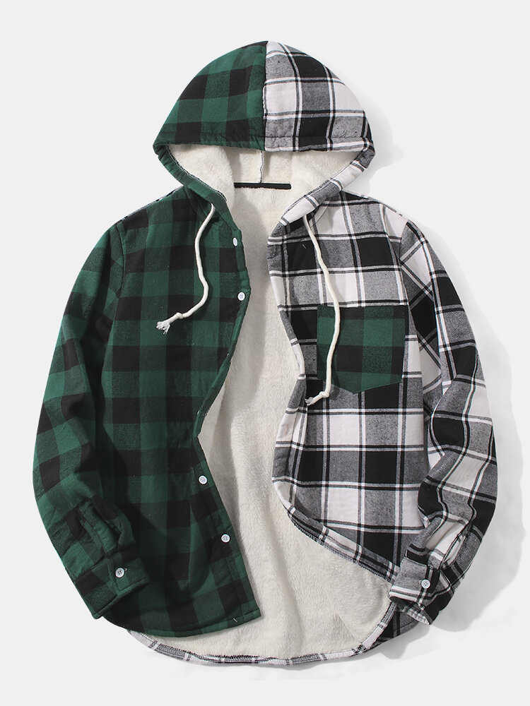 

Mens Two Tone Plaid Patchwork Fleece Lined Casual Hooded Casual Jacket