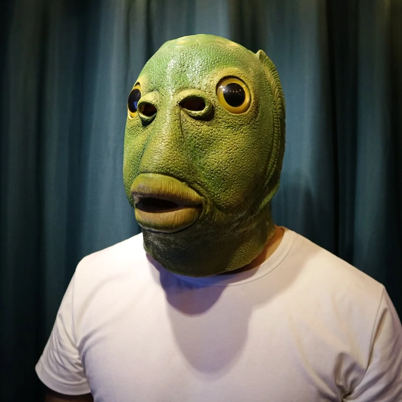 Party cosplay funny halloween latex cute masquerade rubber fish mask full head green fish head mask animal