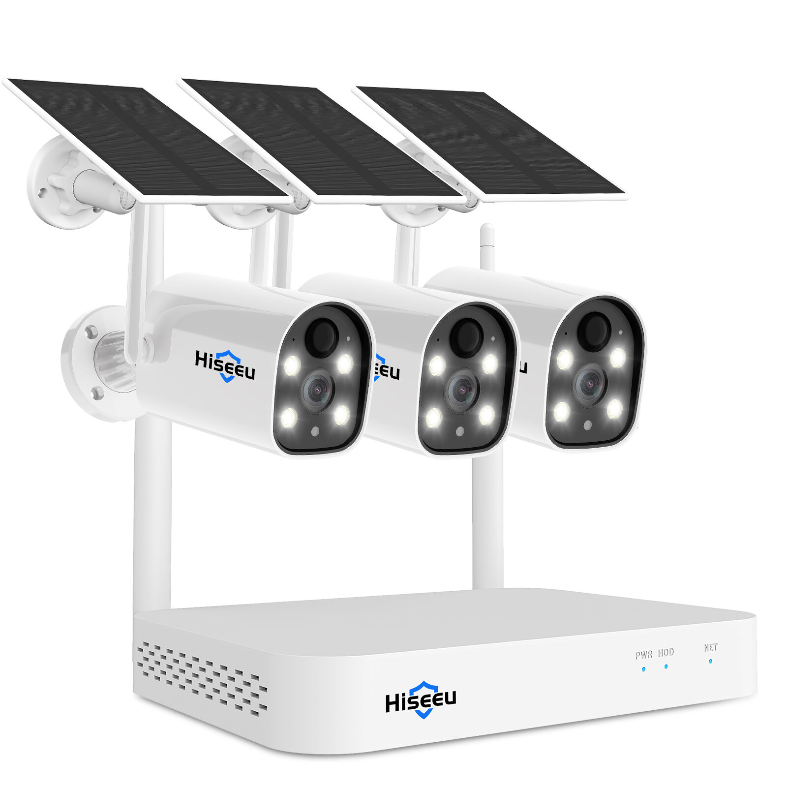 Hiseeu 2K HD Wireless 3-Cam Kits Solar Battery Powered Wireless Security Camera System Spotlight Color Night Vision 2-Way Audio PIR Wall Mount Waterproof for Home Secuirty