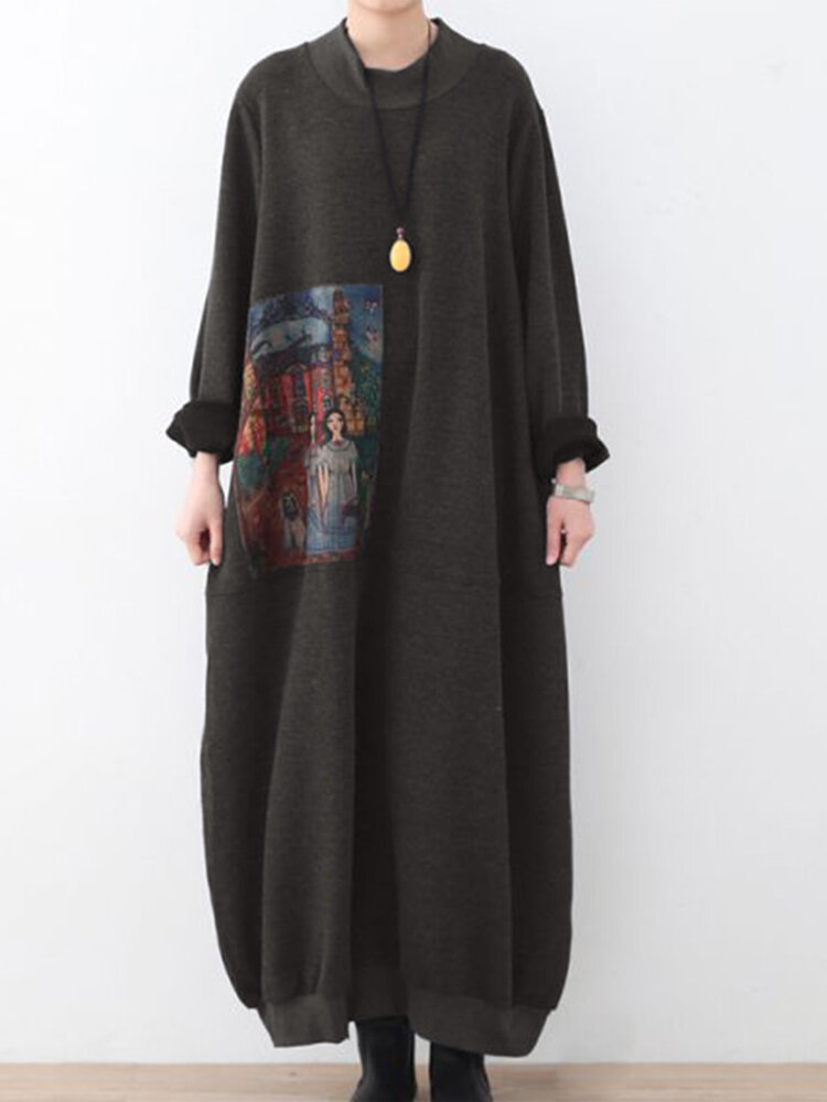 

Women Landscape Print Round Neck Pocket Long Sleeve Vintage Maxi Dresses
