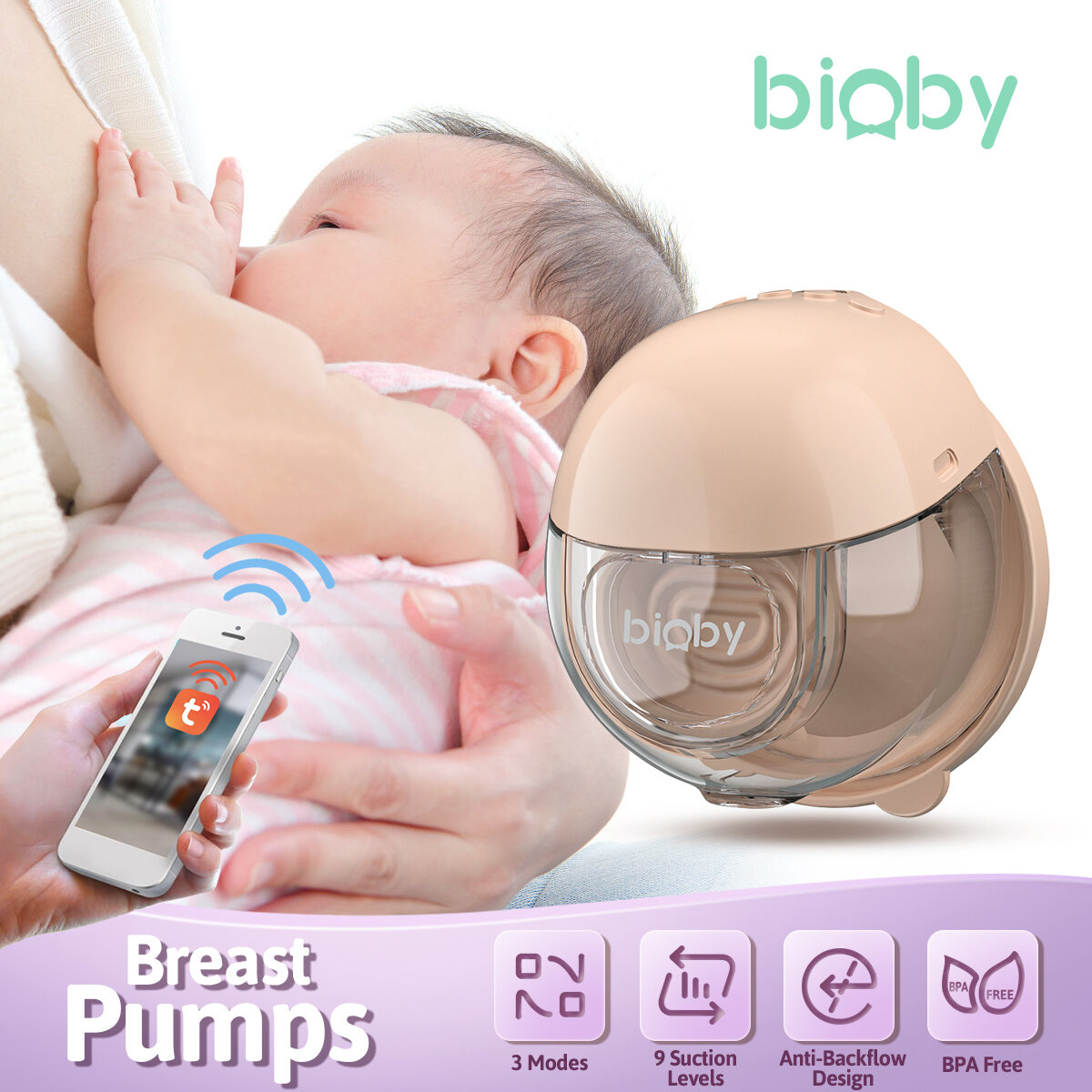 Bioby Electric Breast Pump bluetooth Hand Free Portable Wearable BPA free Comfort Milk Extractor Bab