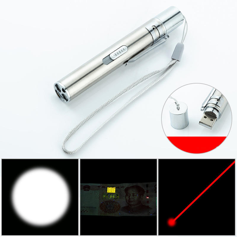 Drie-in-een?zaklamp?Wit?licht?+?Laser +365 Witlicht USB Oplaadbaar Mini LED-zaklamp Buitenwerklamp L