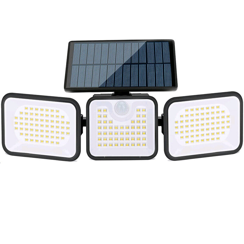 Mozgásérzékelős napenergiás falikar fények, 3 fejes, 180 LED-es szórt fény, állítható fej, 270° széles szögű napelemes világítás
