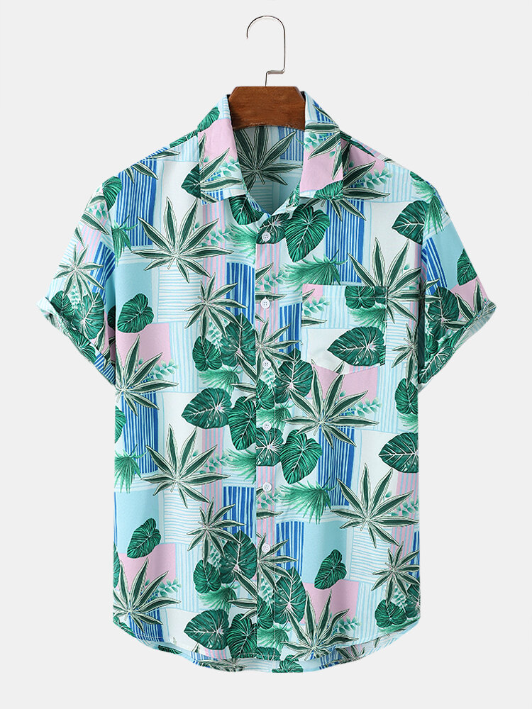 

Mens Plants Colorblock Striped Print Holiday Short Sleeve Shirts