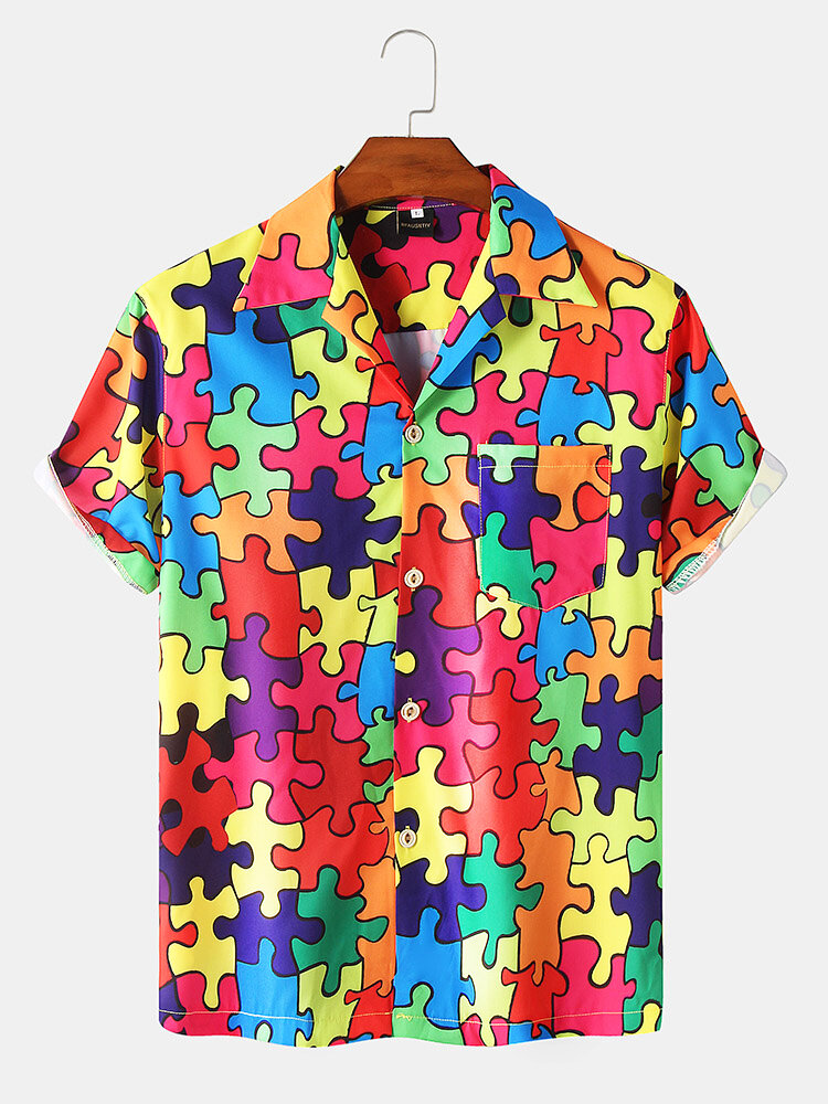 Colorful Jigsaw Print Revere Street-overhemden met korte mouwen voor heren
