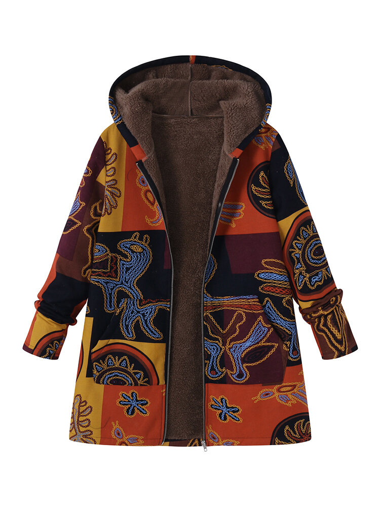Women Ethnic Floral Printed Hooded Pockets Jackets Coats